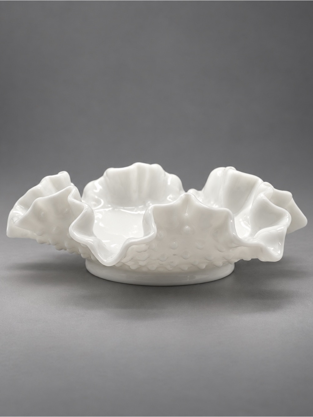 Fenton Vintage Milk Glass Hobnail Ruffled Candy Nut Dish Bowl
